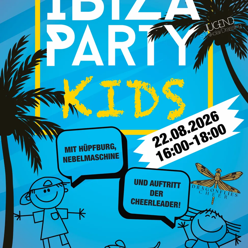 Plakat für Ibiza Party Kids Veranstaltung am 22. August 2026 mit blauem Hintergrund, Palmen, einer Libelle und zwei Kindern. Die Veranstaltung beinhaltet ein Riesenrad und eine Nebelmaschine.