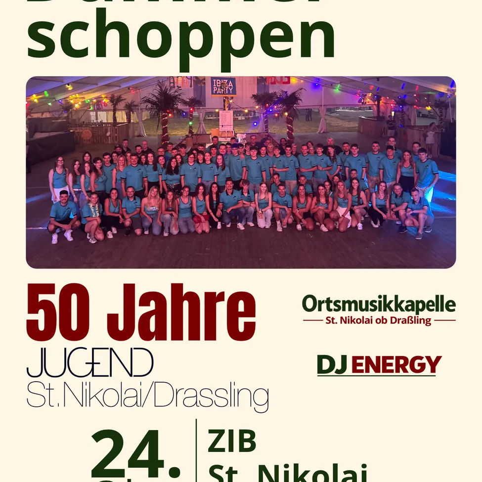 Ein Plakat für ein 50-jähriges Jubiläumsereignis, das eine Gruppe von Menschen in blauen T-Shirts vor einem dekorierten Veranstaltungsort zeigt.