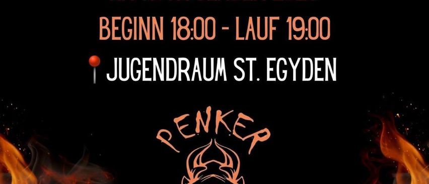 Plakat für das Perchtenlauf-Event am 15. November 2025, Beginn um 18:00 Uhr und Ende um 19:00 Uhr im Jugendraum St. Egyden. Mit Logo, Flammen und Ortsmarkierung.