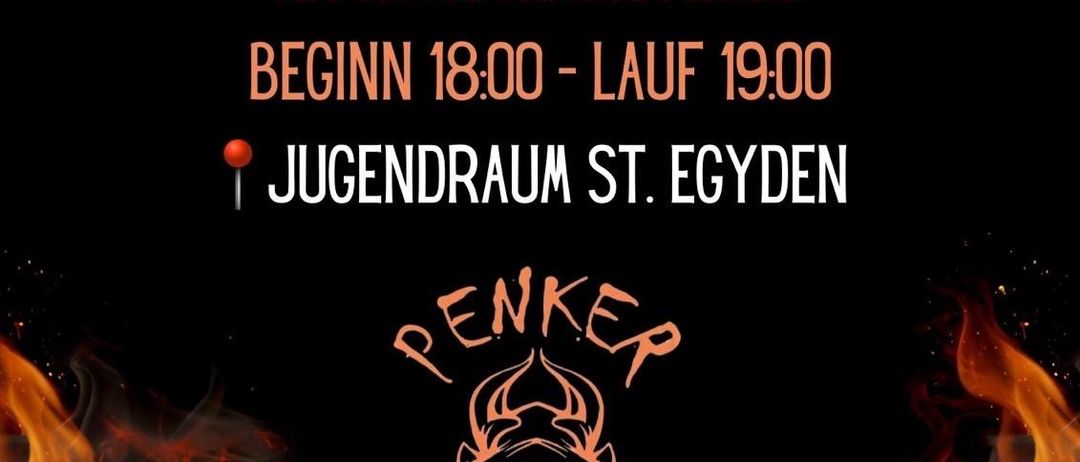 Plakat für das Perchtenlauf-Event am 15. November 2025, Beginn um 18:00 Uhr und Ende um 19:00 Uhr im Jugendraum St. Egyden. Mit Logo, Flammen und Ortsmarkierung.
