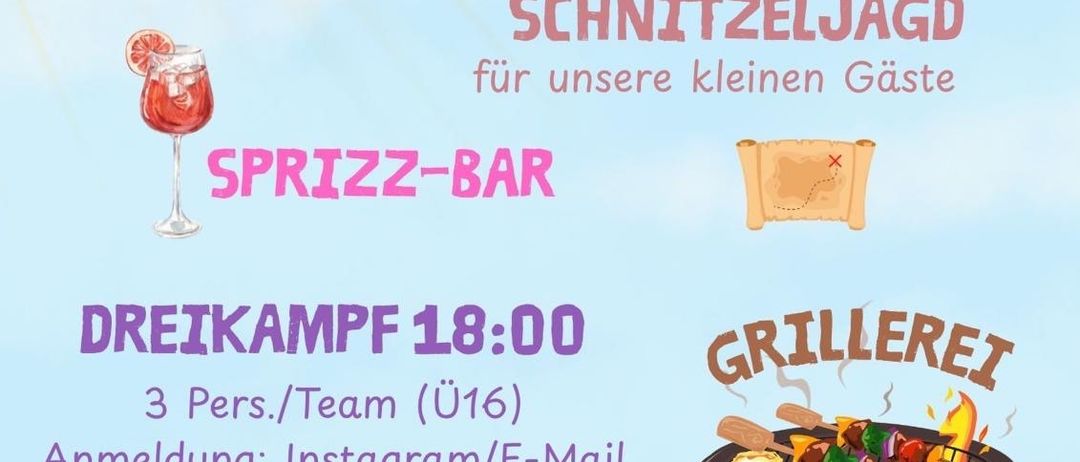 Eröffnungsveranstaltung am 06. Juni 2026 ab 17:00. Jugendraum Johannesgasse 102. Spritz-Bar und Grillbereich. Dreikampf für Teams ab 18:00. Anmeldung über Instagram oder E-Mail.