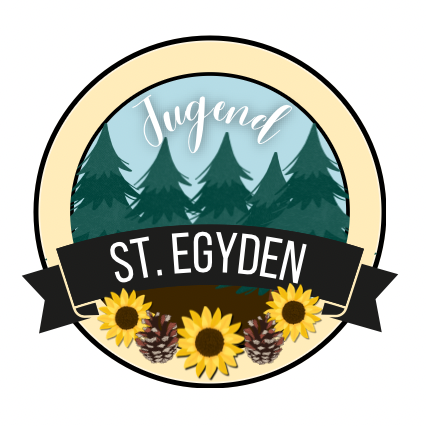 Logo for Jugend St. Egyd featuring a forest background with sunflowers and pine cones. The word Jugend is in white cursive above the forest.