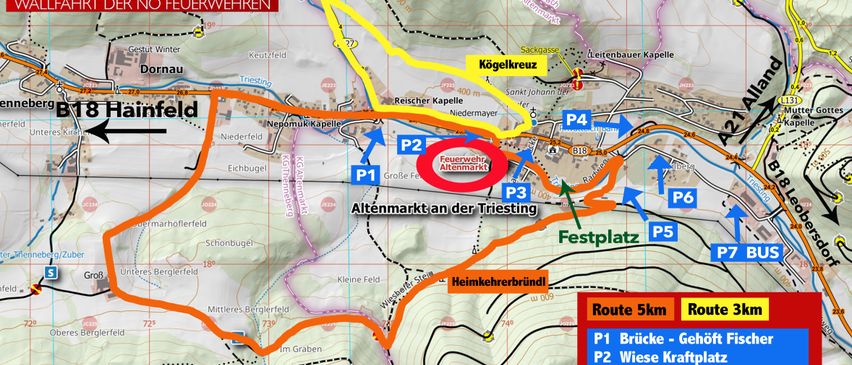 Das Bild zeigt eine Karte eines Wanderwegs namens Doriani-Harsch mit mehreren interessanten Punkten. Es gibt verschiedene markierte Routen P1 bis P7, die jeweils zu verschiedenen Orten wie Brucke, Wiese Kraftplatz und Sportplatz führen. Die Karte enthält oben einen roten Banner mit den Worten 'Doriani-Harsch' und einem Verbotsschild gegen Brandgefahren.