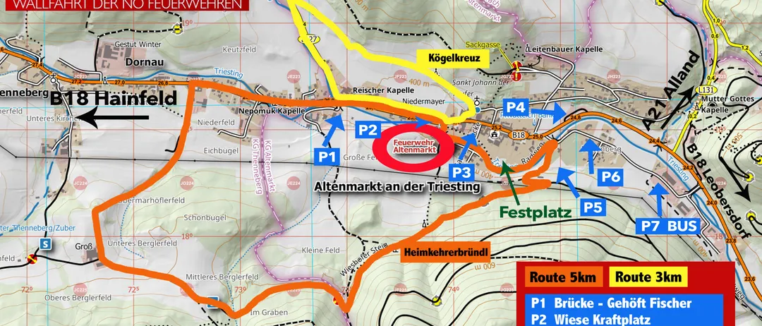 Das Bild zeigt eine Karte eines Wanderwegs namens Doriani-Harsch mit mehreren interessanten Punkten. Es gibt verschiedene markierte Routen P1 bis P7, die jeweils zu verschiedenen Orten wie Brucke, Wiese Kraftplatz und Sportplatz führen. Die Karte enthält oben einen roten Banner mit den Worten 'Doriani-Harsch' und einem Verbotsschild gegen Brandgefahren.
