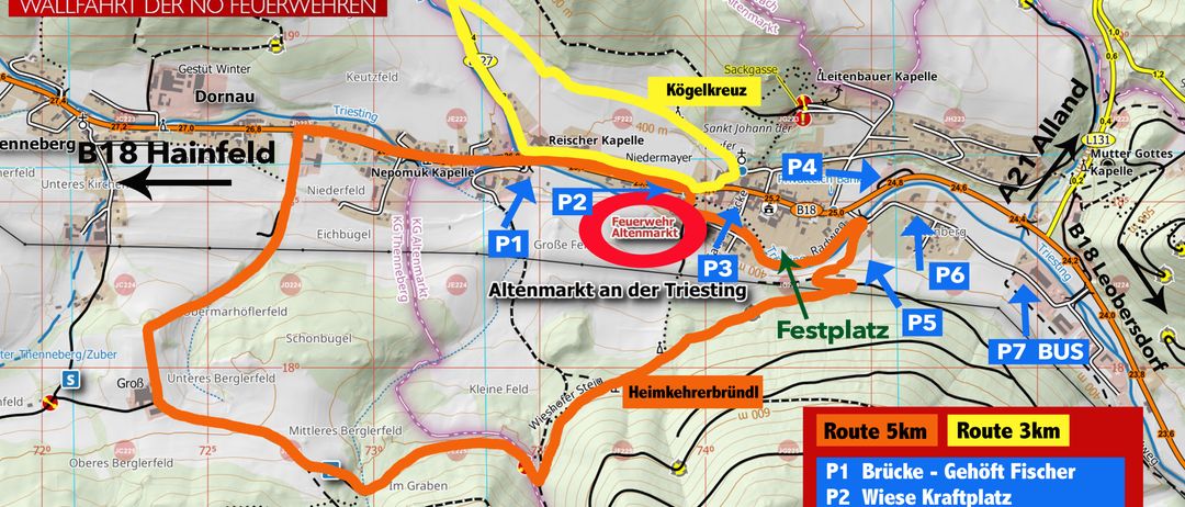 Das Bild zeigt eine Karte eines Wanderwegs namens Doriani-Harsch mit mehreren interessanten Punkten. Es gibt verschiedene markierte Routen P1 bis P7, die jeweils zu verschiedenen Orten wie Brucke, Wiese Kraftplatz und Sportplatz führen. Die Karte enthält oben einen roten Banner mit den Worten 'Doriani-Harsch' und einem Verbotsschild gegen Brandgefahren.