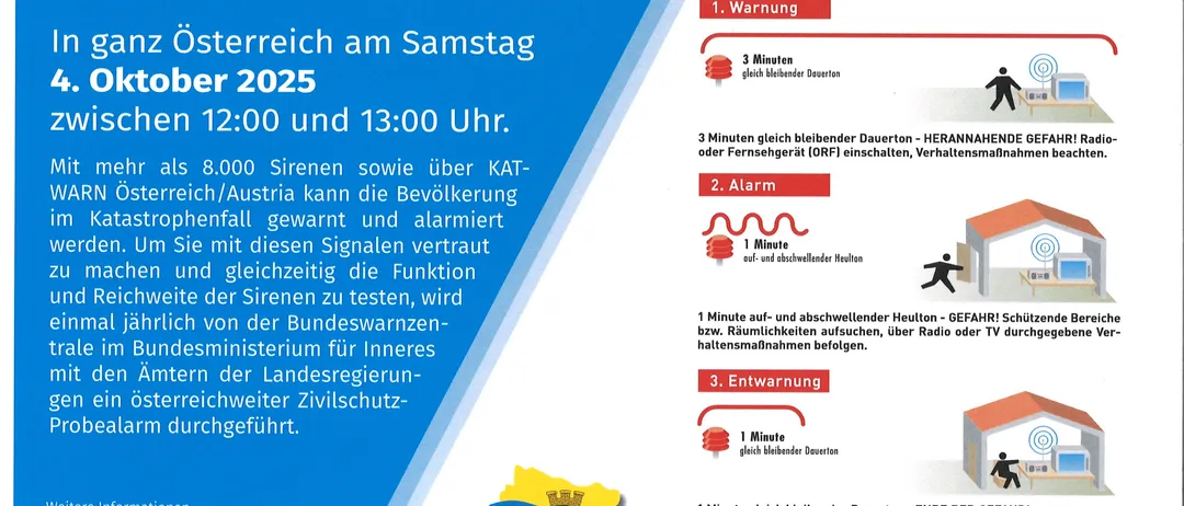 Das Bild ist eine Ankündigung für einen landesweiten Zivilschutztest in Österreich am Samstag, Oktober 2025. Es weist die Bürger an, ihre Warnsignale um 12:00 und 13:00 Uhr zu testen. Der Test umfasst Sirenen, einen 3-minütigen Alarm und eine 1-minütige Countdown, gefolgt von einem Ende-Signal.