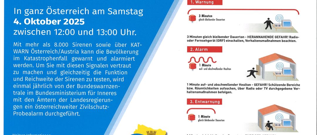 Das Bild ist eine Ankündigung für einen landesweiten Zivilschutztest in Österreich am Samstag, Oktober 2025. Es weist die Bürger an, ihre Warnsignale um 12:00 und 13:00 Uhr zu testen. Der Test umfasst Sirenen, einen 3-minütigen Alarm und eine 1-minütige Countdown, gefolgt von einem Ende-Signal.