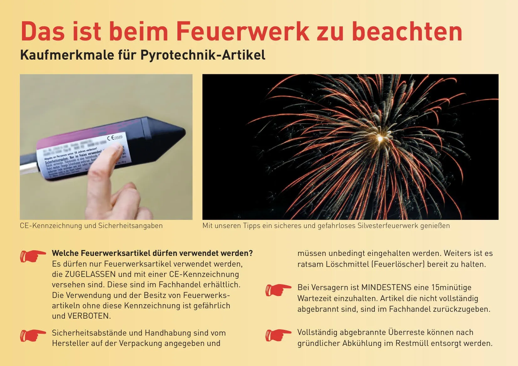 Das Bild zeigt Sicherheitsrichtlinien für Feuerwerke, einschließlich der Verwendung nur CE-gekennzeichneter Feuerwerke, einer Wartezeit und der ordnungsgemäßen Entsorgung von unverbrauchten Feuerwerkskörpern. Es betont die Bedeutung der Einhaltung dieser Regeln für eine sichere Feier.