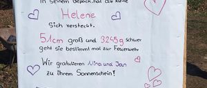 Ein Plakat mit Herzen und Text auf Deutsch, das den Feuerwehrmann Helene beschreibt. Der Plakat enthält eine Geburtstagsnachricht für Nina und Jan und erwähnt Helenes Größe und Gewicht.