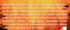 Ein Plakat mit einer Warnung vor Waldbränden. Es weist auf die Gefahren von offenen Feuern, Rauchen und weggeworfenen Zigarettenkippen in Wäldern hin. Es erwähnt auch die Gefahr von Glasflaschen, die bei trockenem Gras oder Laub schnell Feuer fangen können.