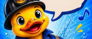 Eine gelbe Ente in einer Feuerwehruniform und einem Helm zeigt eine Daumen hoch. Der Hintergrund ist blau mit Blasen und Musiknoten. Über der Ente befindet sich eine Sprechblase mit dem Wort 'Danke' in Rot.