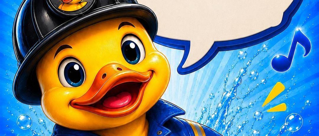 Eine gelbe Ente in einer Feuerwehruniform und einem Helm zeigt eine Daumen hoch. Der Hintergrund ist blau mit Blasen und Musiknoten. Über der Ente befindet sich eine Sprechblase mit dem Wort 'Danke' in Rot.