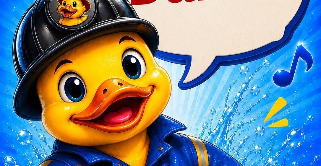 Eine gelbe Ente in einer Feuerwehruniform und einem Helm zeigt eine Daumen hoch. Der Hintergrund ist blau mit Blasen und Musiknoten. Über der Ente befindet sich eine Sprechblase mit dem Wort 'Danke' in Rot.
