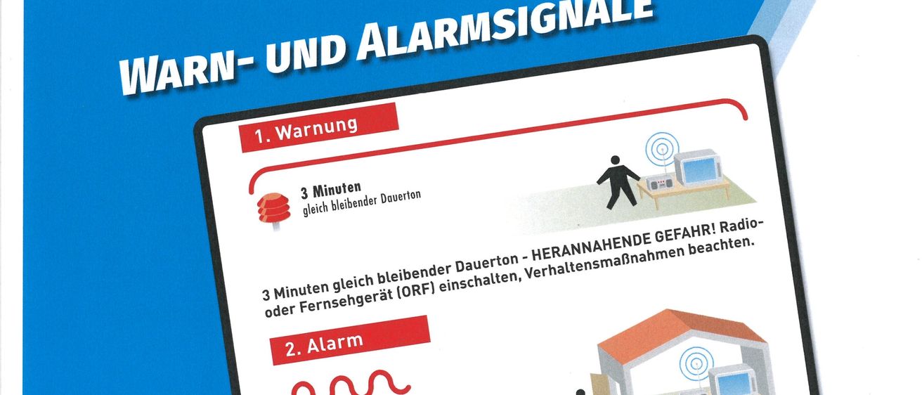 Plakat über den österreichweiten Zivilschutz-Probealarm am 3. Oktober 2026 zwischen 12:00 und 13:00 Uhr. Es erklärt die Warn- und Alarmsignale und welche Maßnahmen zu ergreifen sind. Das Plakat enthält Illustrationen und eine Karte von Österreich.