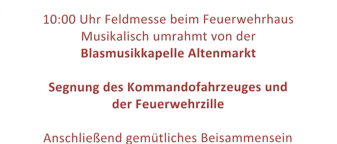 Ein Plakat bewirbt die Florianimesse am Donnerstag, 29. Mai 2025, um 10:00 Uhr. Die Veranstaltung beinhaltet eine Feldmesse, die Segnung des Kommandofahrzeuges und der Feuerwehrfahrzeuge und ein Treffen auf der Feuerwache.