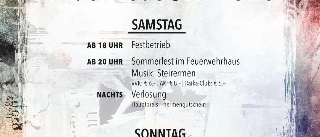 Plakat für ein Sommerfest am 14. und 15. Juni 2025, organisiert von der Freiwilligen Feuerwehr Altenmarkt/Triesting. Aktivitäten umfassen Eröffnung um 18 Uhr, Festbetrieb um 20 Uhr, Musik von Steirermen und einen kulinarischen Hauptpreis.