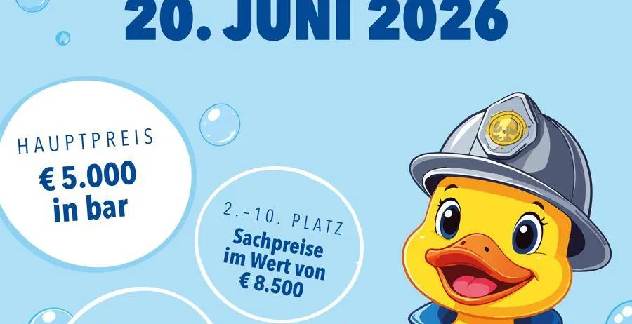 Plakat für das Entennannen-Event am 20. Juni 2026. Zeigt eine Cartoon-Ente in Feuerwehruniform, mit Text über einen Hauptpreis von 5.000 € in bar und zusätzliche Preise. Das Event ist Teil eines Sommerfestes.