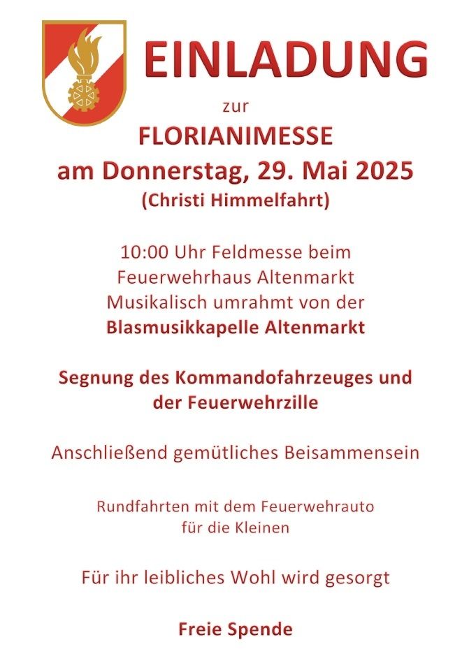 Plakat für Floriansfeier am Donnerstag, 29. Mai 2025, mit Angaben zu Zeit, Ort und geplanten Aktivitäten.