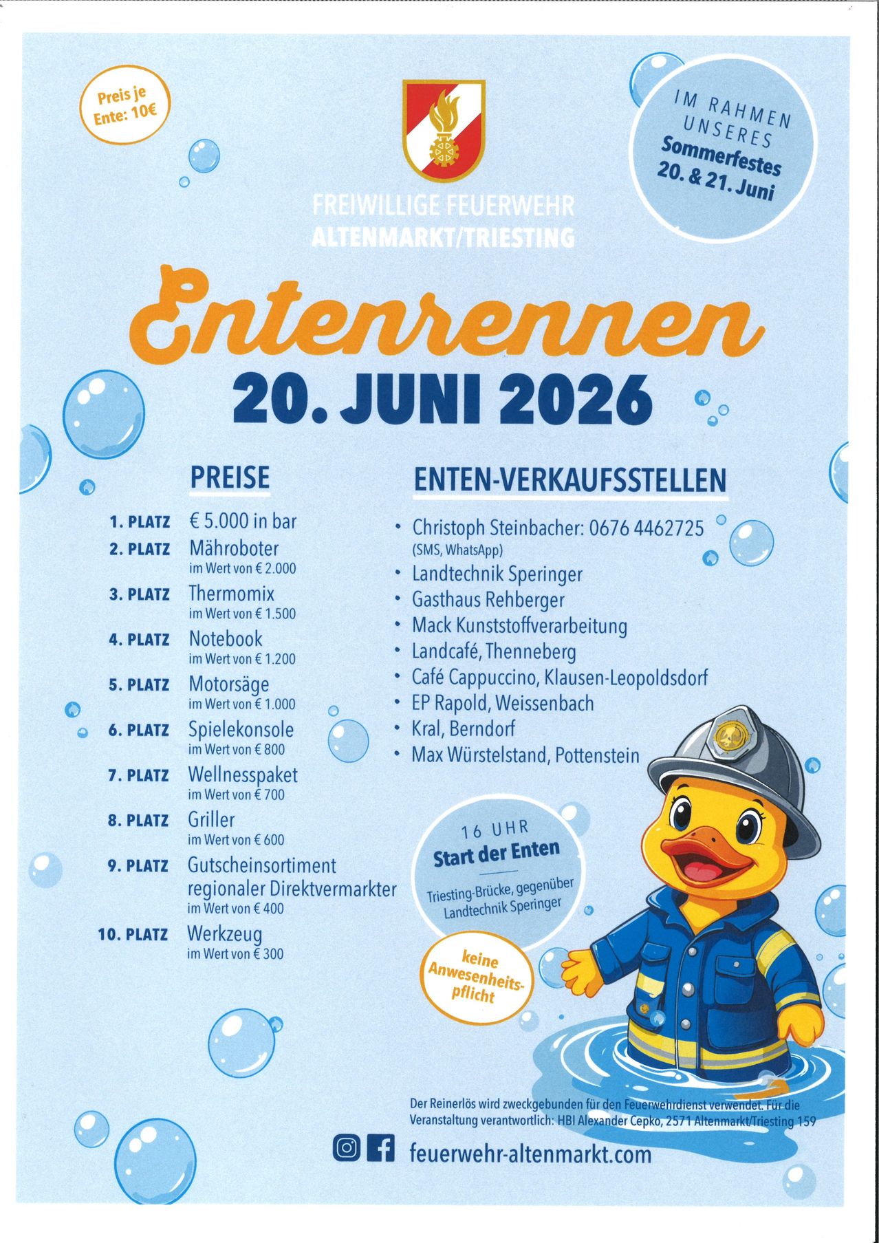 Plakat für die 'Entenderen 2026' Veranstaltung am 20. Juni in Altenmarkt/Trieting. Es zeigt eine Liste von Preisen, eine Entenmaskottchen und Kontaktdaten der Verkäufer. Das Plakat hat auch eine Liste von Verkäufern mit ihren Kontaktdaten.