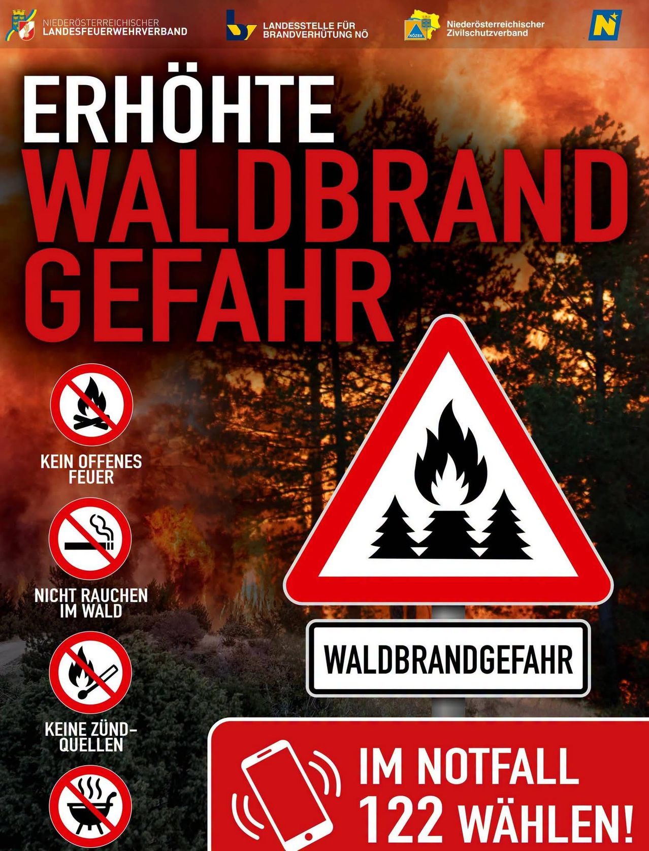 Ein Warnschild für erhöhte Waldbrandgefahr wird angezeigt. Es enthält ein Feuersymbol, ein Rauchverbotsschild und ein Verbotsschild für offenes Feuer. Im Hintergrund brennen Bäume.