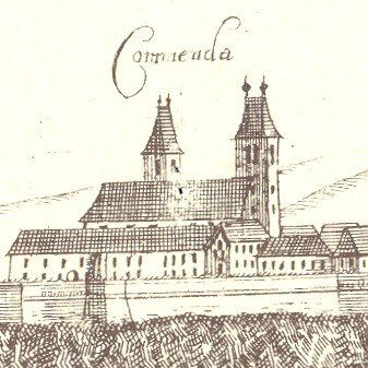 Eine alte Zeichnung einer Kirche mit zwei Türmen und einem Giebeldach, beschriftet mit 'Commenda'.