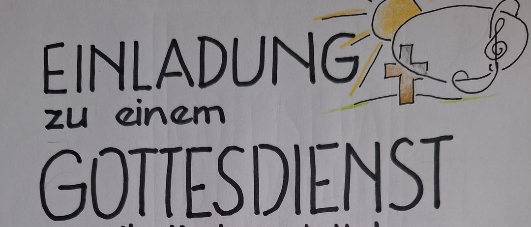 Poster mit Kreuz und Noten lädt zu einem Gottesdienst in Mureck am Sonntag, 19. April 2026, Beginn 8:45 Uhr ein.