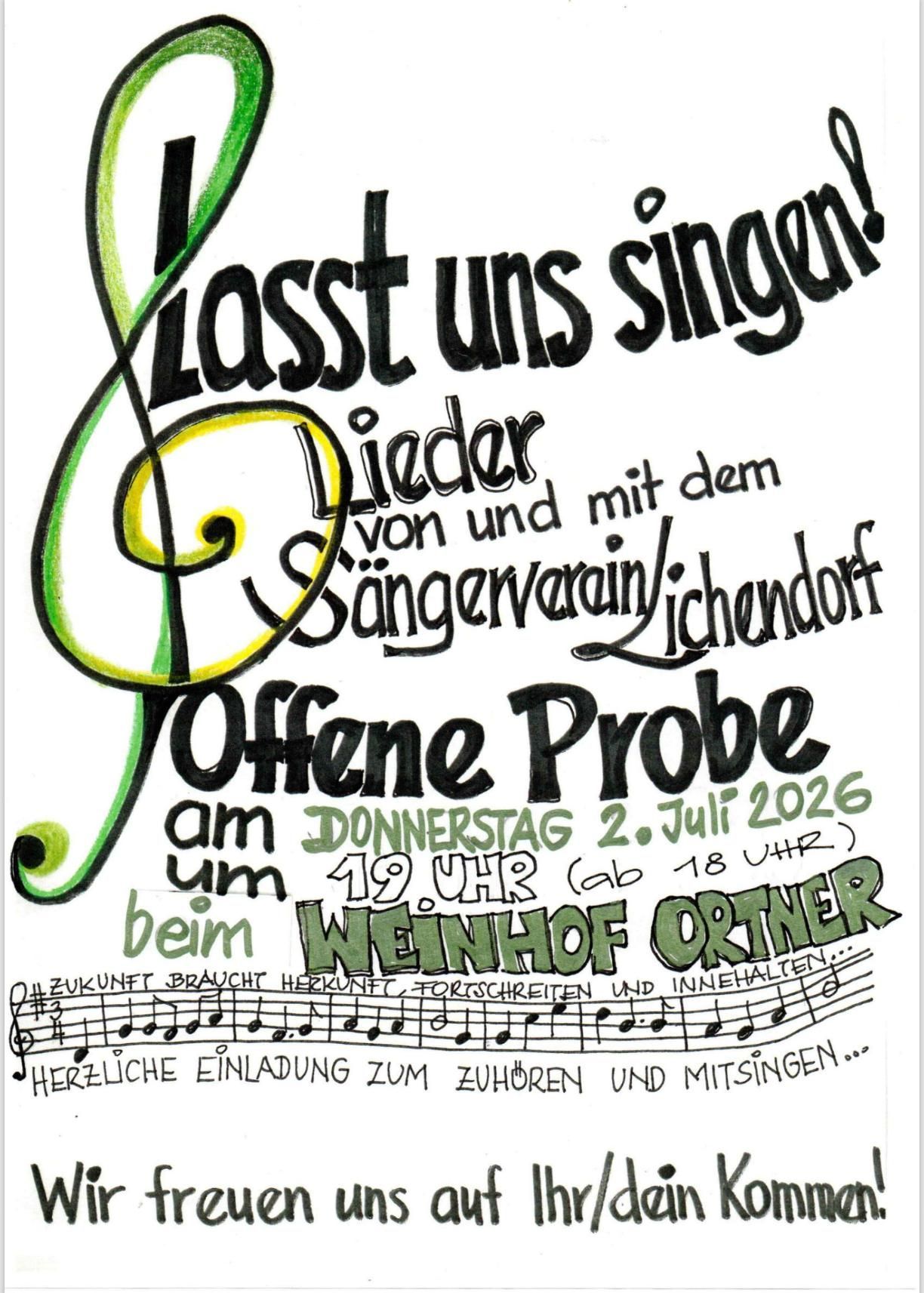 Einladung zur Teilnahme an einer Gesangsveranstaltung, geleitet vom Sangerverein Lichendorf, am Donnerstag, 2. Juli 2026, um 19 Uhr im Weinhof Ortner. Noten und Texte schmücken das Plakat.
