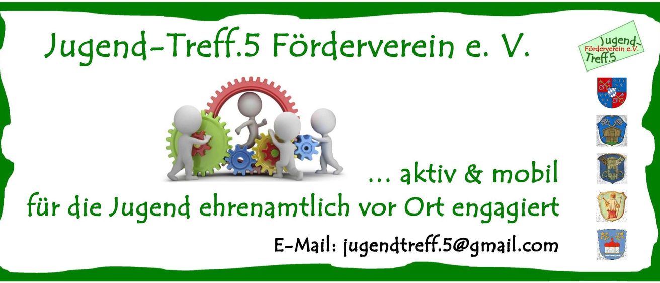 Ein Bild von vier Strichfiguren, die mit Zahnrädern und Rädern interagieren. Der Text lautet 'treff.5 Förderverein aktiv ehrenamtlich vor Ort'. Eine E-Mail-Adresse wird angegeben.