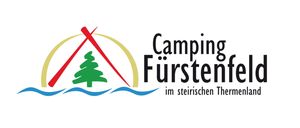 Das Logo für Camping Furstenfeld in der Steiermark, Österreich, zeigt ein rotes Zelt und einen grünen Baum mit blauen Wellen.