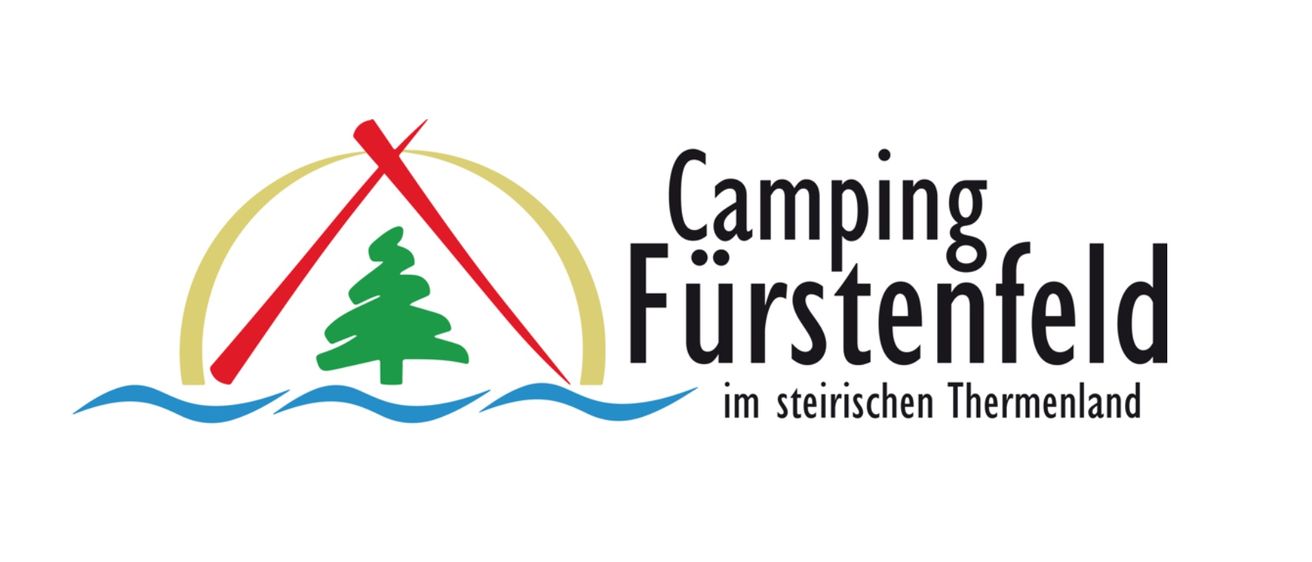 Das Logo für Camping Furstenfeld in der Steiermark, Österreich, zeigt ein rotes Zelt und einen grünen Baum mit blauen Wellen.