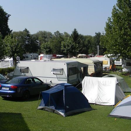 Mehrere Zelte und Wohnmobile sind in einem Grasbereich geparkt. Bäume umgeben das Gebiet, und der Himmel ist klar.