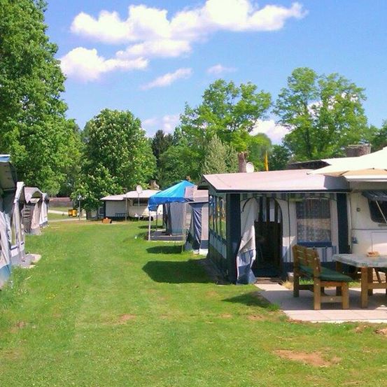 Ein offener Campingplatz mit grünem Gras, Zelten und Bäumen an einem sonnigen Tag.