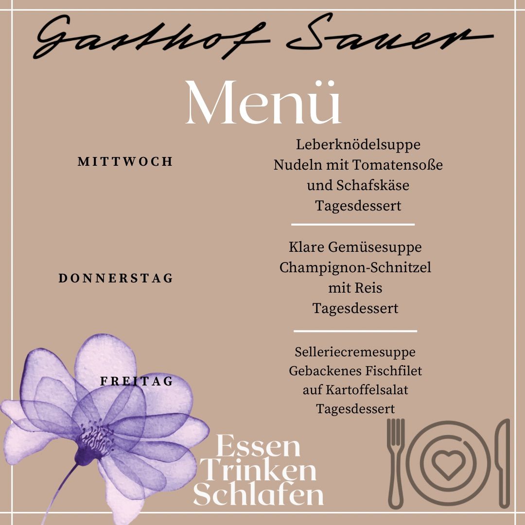 A menu for Gasthof Sauer featuring dishes for Wednesday, Thursday, and Friday with a purple flower on the left side.