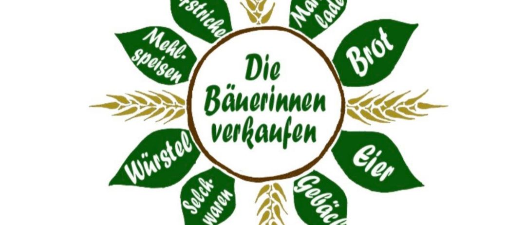 Ein Flyer für einen lokalen Bauernmarkt mit einem kreisförmigen Design, das den Text 'Die Bäuerinnen verkaufen' und ein Weizen-Symbol zeigt, und verschiedene selbstgemachte Produkte wie Brot, Fleisch und Gebäck anbietet. Die Veranstaltung ist für Samstag, den 12. April 2025, von 8 bis 12 Uhr, am Marktplatz des Rathauses geplant.