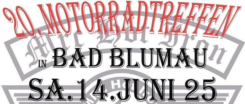 Plakat für die Bad Blumau-Veranstaltung mit den Bands Finch Reloaded und Los Sharkos am 14. Juni 2025. Das Plakat enthält ein Logo mit einer Dudelsack, ein Flaschenetikett für Big Stone River Marshall und Erwähnungen von 20 Jahren MRC und heißem Eisen.