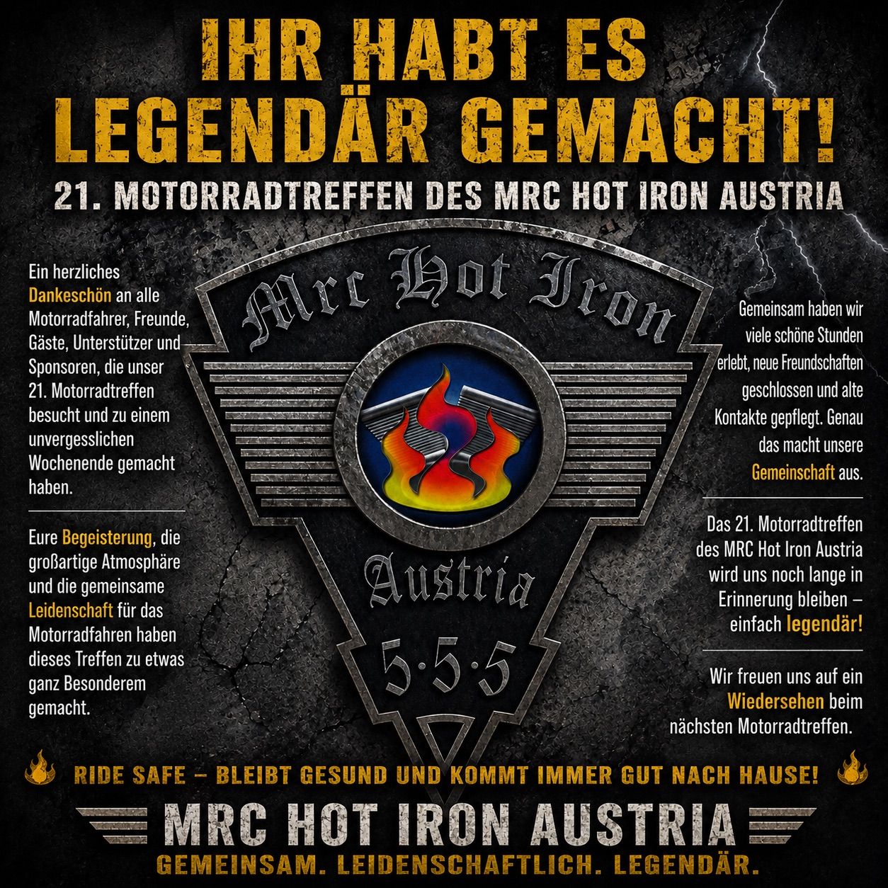 Ein herzliches Dankeschön an alle Motorradfahrer, Freunde, Gäste, Unterstützer und Sponsoren, die unser 21. Motorradtreffen zu einem unvergesslichen Wochenende gemacht haben. Gemeinsam haben wir viele schöne Stunden erlebt, neue Freundschaften geschlossen und alte Kontakte gepflegt. Das macht unsere Gemeinschaft aus.