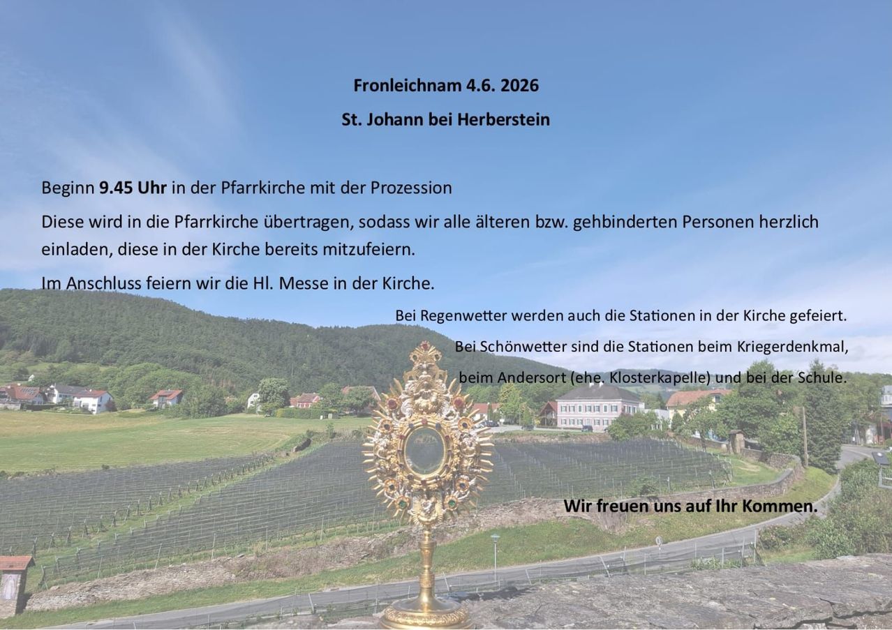 Am 4. Juni 2026 wird die Reliquie in die Pfarrkirche überführt. Bei Regenwetter sind die Stationen in der Kirche; bei schönem Wetter sind die Stationen am anderen Ort.