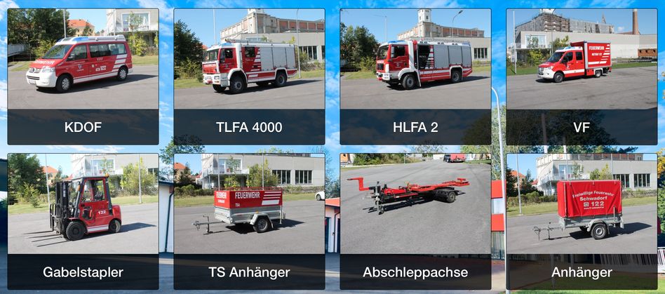 Vier Bilder von Feuerwehrfahrzeugen und Anhängern. Das erste zeigt ein Feuerwehrfahrzeug mit der Aufschrift 'TLFA 4000'. Das zweite zeigt ein Feuerwehrfahrzeug mit der Aufschrift 'HLFA 2'. Das dritte zeigt einen Anhänger mit der Aufschrift 'TS Anhänger'. Das vierte zeigt einen Anhänger mit der Aufschrift 'Abschleppachse'.