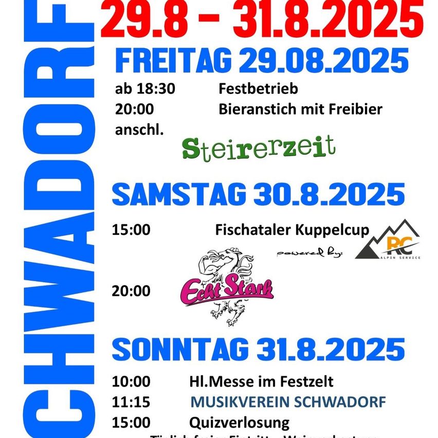 Ein Plakat bewirbt Veranstaltungen vom 29. bis 31. August 2025. Am Freitag, 29. August, gibt es einen Festbetrieb ab 18:30 Uhr und einen Bierstand mit Freibier danach. Am Samstag, 30. August, startet ein Fischertaler Pokal um 15:00 Uhr. Am Sonntag, 31. August, beginnt eine HI. Messe im Festzelt um 10:00 Uhr, gefolgt von einem Musikvereinsevent um 11:15 Uhr und einem Quizwettbewerb um 15:00 Uhr.