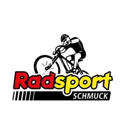 Das Radsport Schmuck Logo zeigt einen Radfahrer auf einem Fahrrad mit dem Text 'Radsport Schmuck' in fetter gelber und roter Schrift.