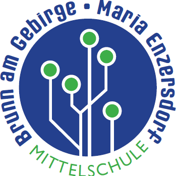 Ein blauer runder Logo mit einer Baumstruktur. Der Text lautet 'Bund am Geborgene Maria' oben und 'Mittelschule' unten.