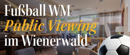 Ein Indoor-Fußball-Schaubereich in einer Lounge mit Bar und Stühlen, mit großen Textüberlagerungen, die Ball WM Public Viewing Wienerwald lauten.