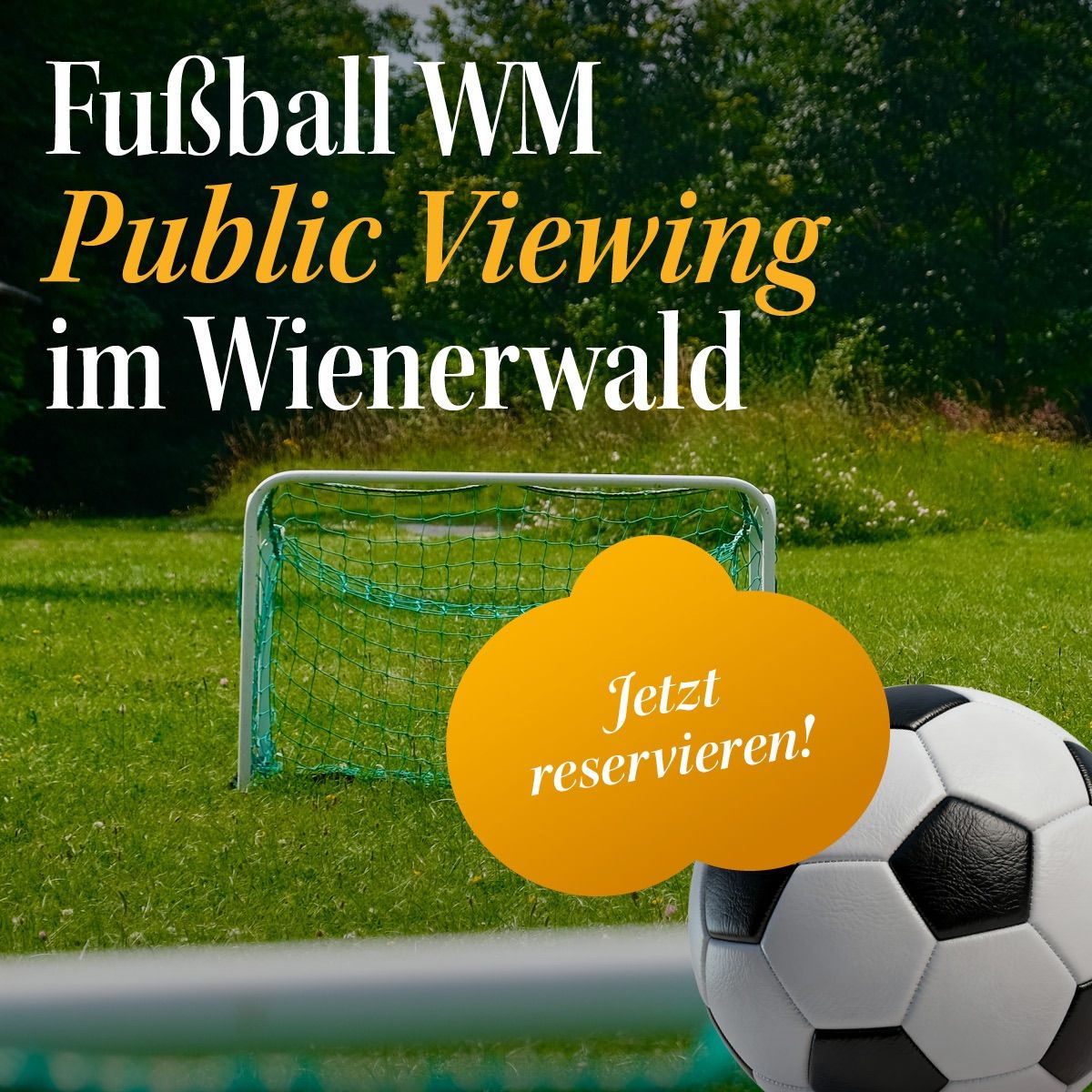 An advertisement for football public viewing in Wienerwald. A soccer ball is placed in front of a goal with a sign that says 'Now!'.