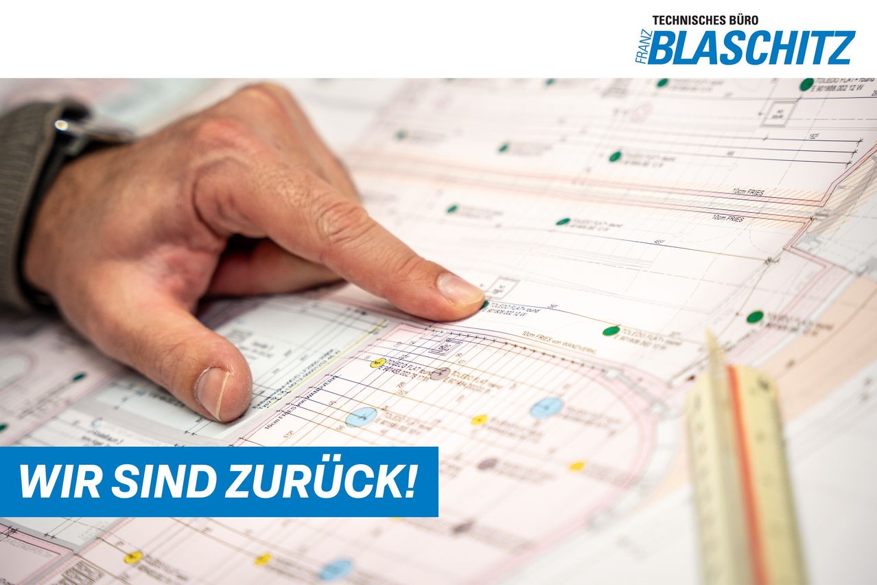Eine Hand zeigt auf ein Diagramm einer technischen Zeichnung mit den Worten 'IND ZURUCK' unten.