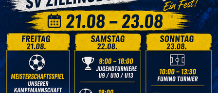 SV Zillingdorf Fest Plakat mit Terminen 21.08-23.08, Fußballspiele, Jugendturniere, 7-Meter Turniere, Live-Musik.