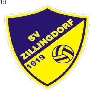 Ein gelbes und blaues Schildlogo für SV Zillingdorf, gegründet 1919, mit einem Volleyball in der Mitte.