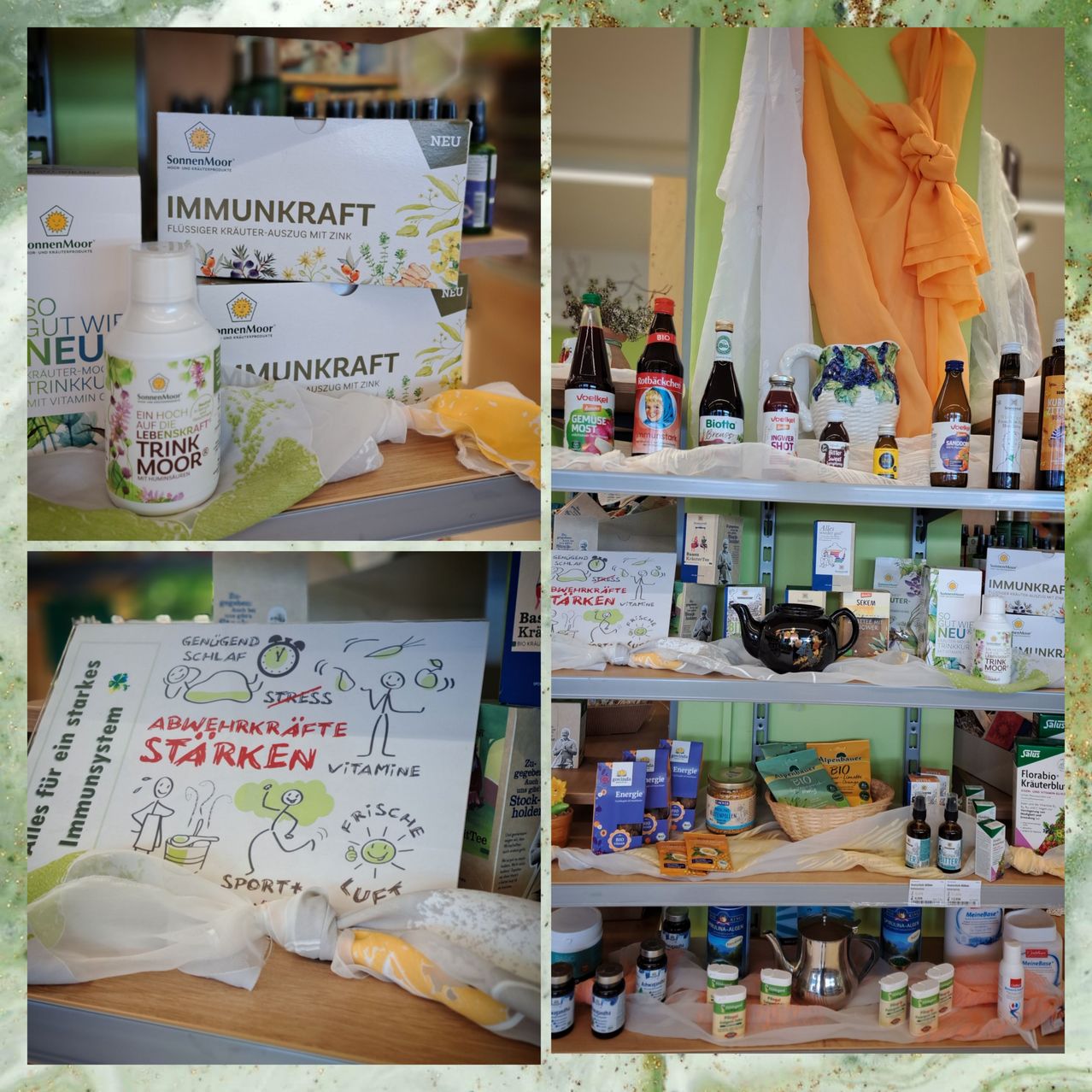 A collage of images shows various health products. Top left, a box of Immunkraft herbal tea. Top right, a shelf with bottles of herbal tea. Bottom left, a box of vitamins. Bottom right, a shelf with various health products, including bottles and jars.