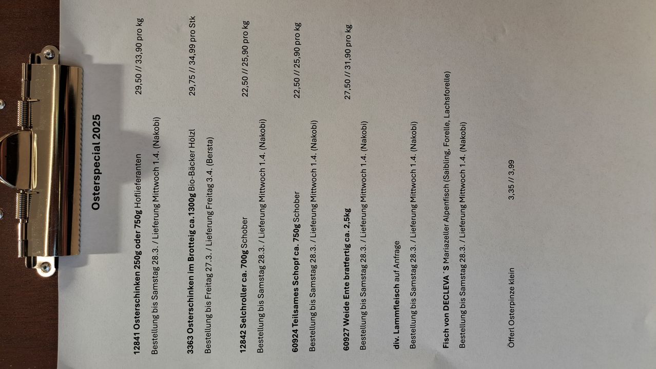 Ein Dokument mit verschiedenen Gewichten und Daten, das verschiedene Produktangebote mit Details wie 'Bestelllung bis Samstag 28.3.' und 'Lieferung ca. 1.4. (Nakobi)' zeigt. Die Artikel umfassen 2975, 2250, 2250, 60924, 60927 und andere, alle mit zugehörigen Gewichten und Lieferinformationen.