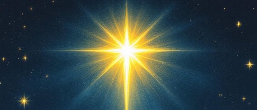 Eine Nachtszene mit einem Scheunengebäude, über dem ein heller Stern leuchtet. Im Inneren steht ein Paar vor dem Licht. Draußen grasen zahlreiche Schafe auf einer Wiese.