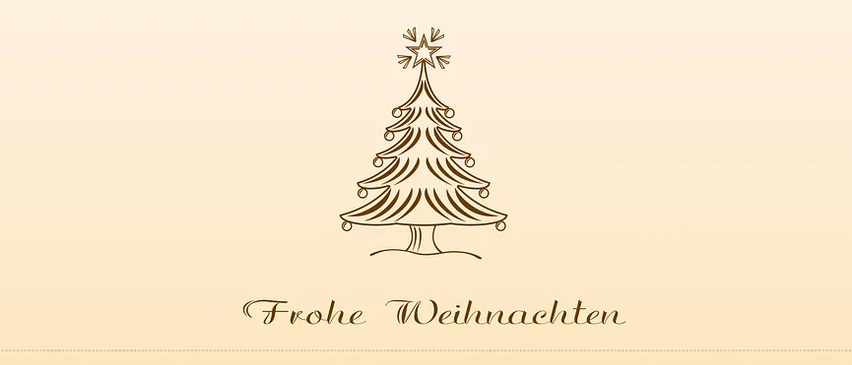 Ein beigefarbener Hintergrund mit einem Weihnachtsbaum-Design und dem Text Frohe Weihnachten.